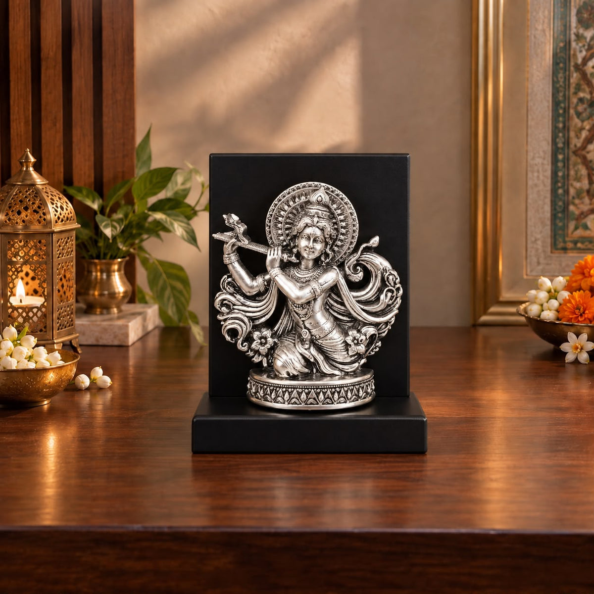 Murlidhar Krishna Silver Idol on Wooden Stand