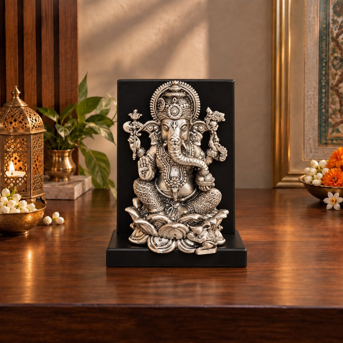Lotus Ganesha Silver Idol on Wooden Stand Main image