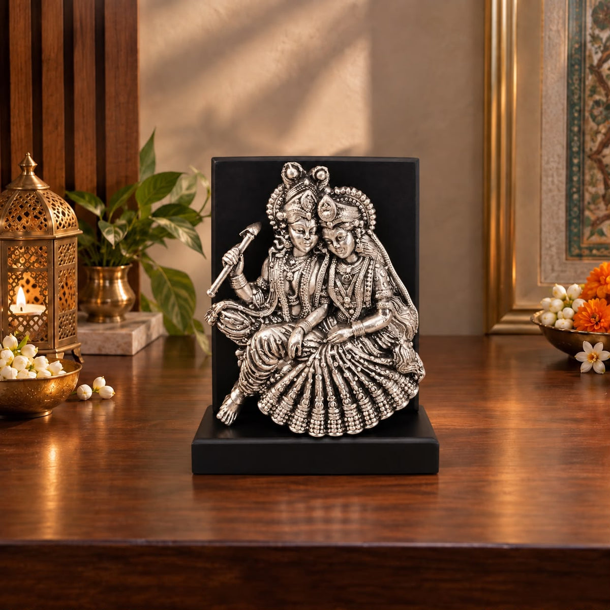 Radha Krishna Silver Idol on Wooden Stand