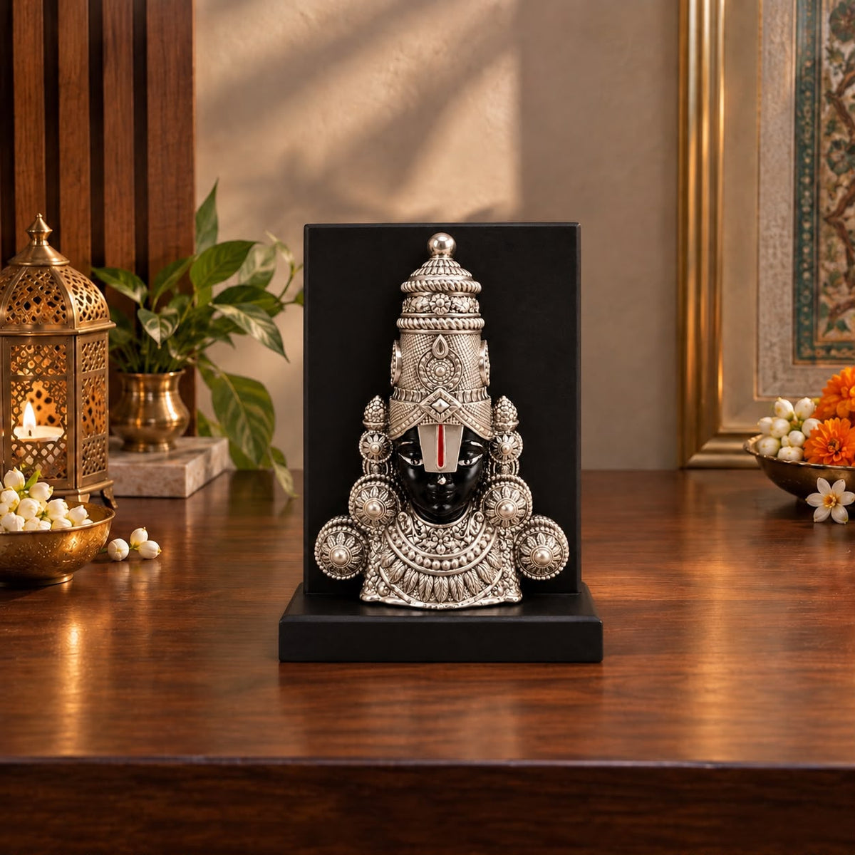 Tirupati Balaji Silver Idol on Wooden Stand