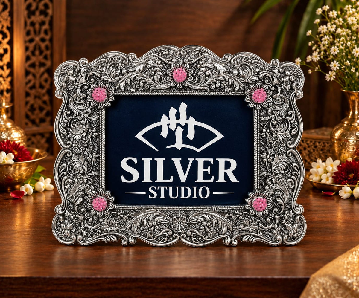 Floral Pink Stone Silver Frame